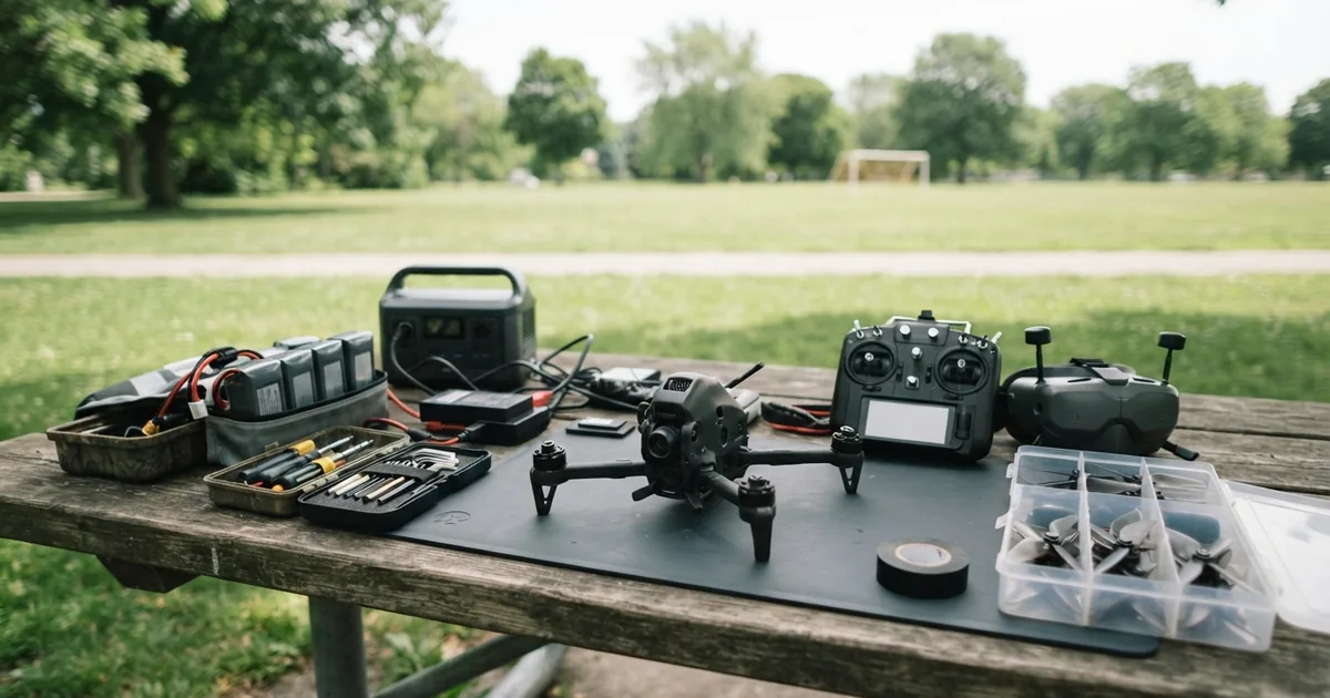 Ein Pilot steuert eine FPV Drohne mit einer Videobrille im freien Gelände