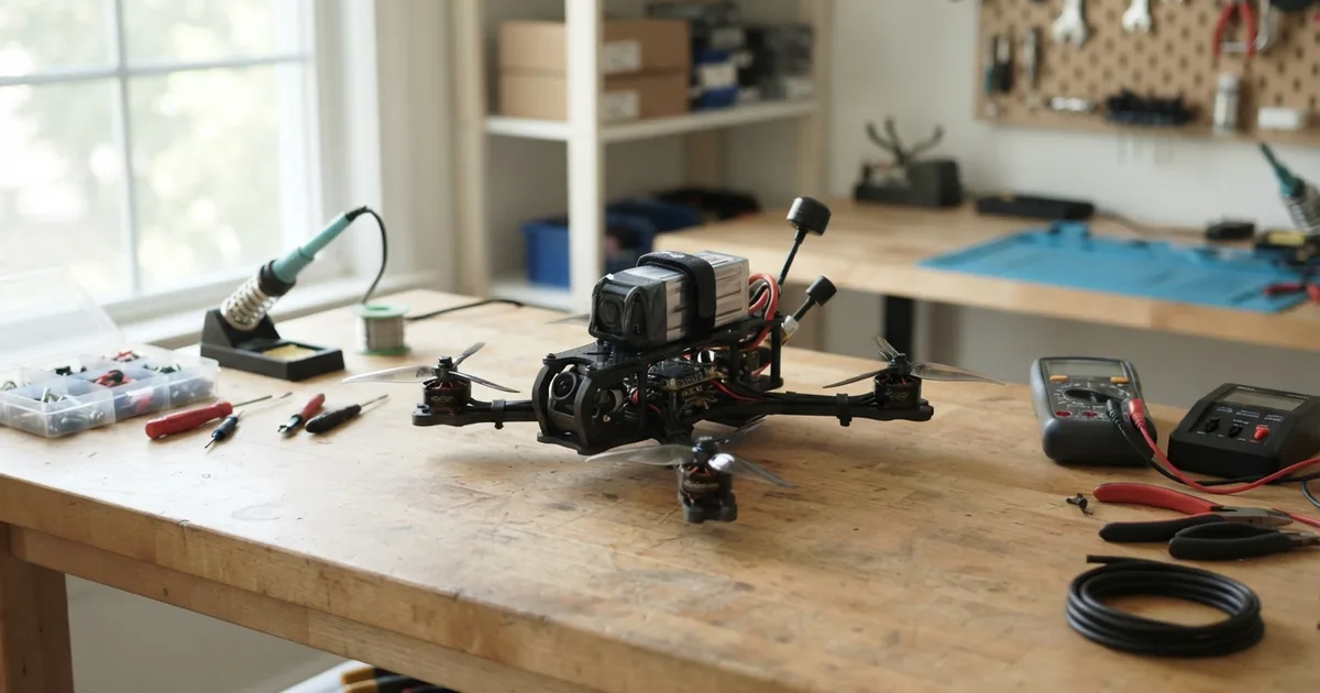 Auswahl verschiedener FPV Drohnen auf einem Tisch mit Fernsteuerung und Brille