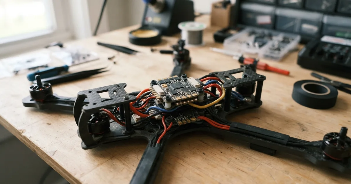 Moderne FPV Drohne im Flug über einer malerischen Landschaft für die Kaufberatung