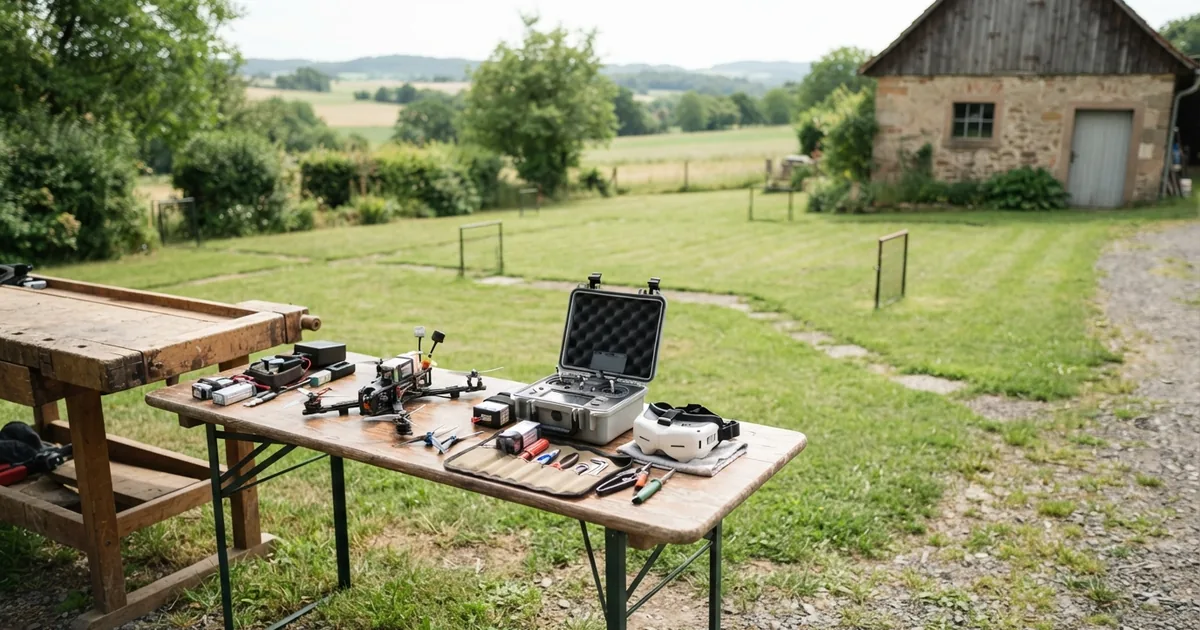 Eine moderne FPV Drohne im Flug über einer malerischen Landschaft