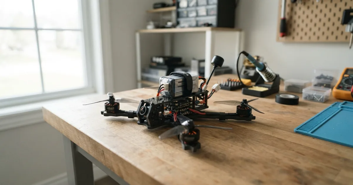 FPV Drohne zusammenstellen mit allen notwendigen elektronischen Einzelteilen auf einer Werkbank